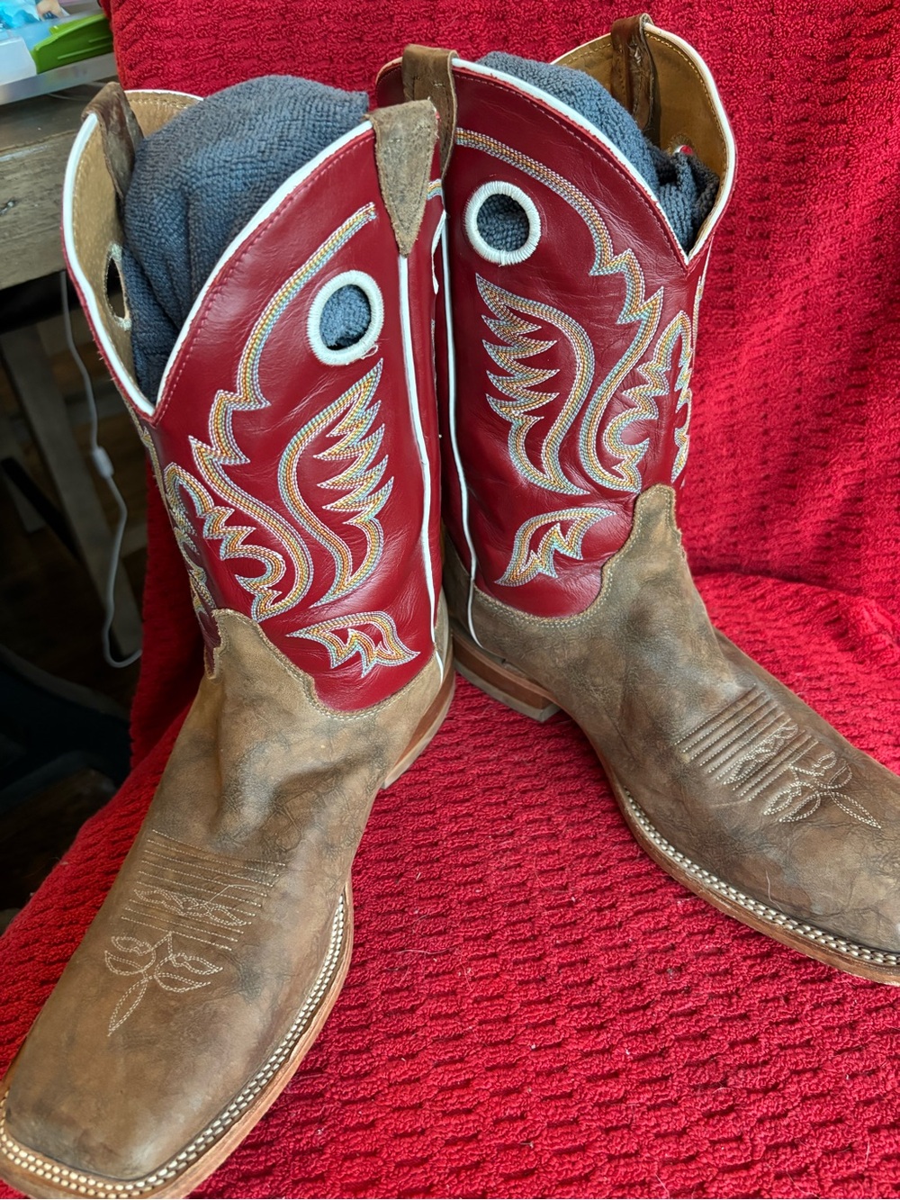 Justin Boots Red Shaft Brown Foot Leather Western Cowboy Boots